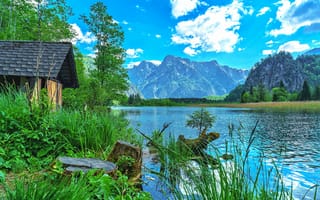 Картинка Альмзее, Гмюнд, Almsee, природа, Австрия, водоём, домик, вода, река, деревья, горы, озеро