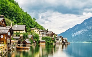 Картинка Hallstatt, горы, озеро Хальштаттерзее, дома, Австрия, Гальштат, Хальштатт, пейзаж