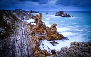 Картинка морской пейзаж, скалы, океан, береговая линия, costa quebrada, пейзаж, Испания, волны, Кантабрийское море, Кантабрия, Costa Cantabrica