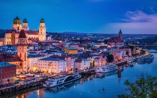 Картинка Пассау, город, дома, сумерки, Bavaria, Германия, Дунай