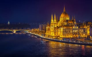 Картинка Венгерский парламент, Parlament Margretbridge, цепной Мост, великолепие и слава в Будапеште, город, Венгрия, ночь, Дунай, Будапешт