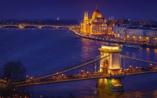 Картинка Венгерский парламент, Венгрия, Будапешт, город, Дунай, цепной Мост, Parlament Margretbridge, ночь, великолепие и слава в Будапеште