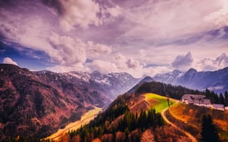 Картинка Словения, горная местность, небо, деревья, пейзаж, горы, холмы, облака, дом, дорога