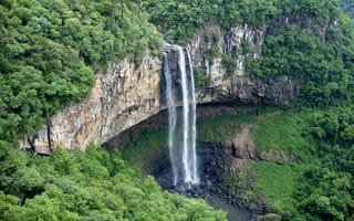 Картинка водопад Каракол, Бразильские водопады, деревья, скала, Бразилия, пейзаж, штат Рио-Гранде-ду-Сул, водопад, панорама