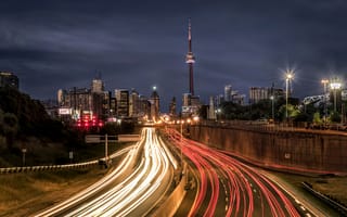 Картинка Торонто, Канада, Онтарио, дорога, ночь, огни, город, иллюминация