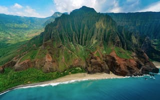 Картинка пляж, гавайи, природа, зеленый, озеро, пали, воздушный, гора, море, скала