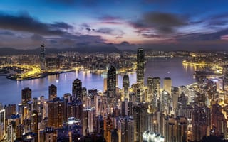 Картинка Гонконг, ночные города, Гонг Конг, город, панорама, Китай