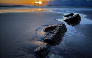 Картинка закат, песок, море, пейзаж, отлив, берег, камни
