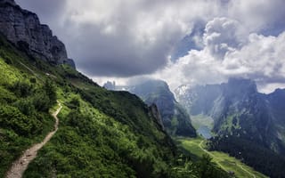 Картинка Альпы Швейцарии, озеро, облака, горы, Санкт-Галлен, тропинка, Швейцария, небо, Аппенцелль, пейзаж