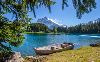 Картинка Швейцария, деревья, горы, лодка, берег, пейзаж, природа, водоём, озеро