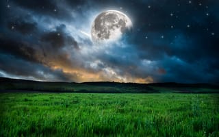 Картинка ночь, фантазия, облака, сумерки, art, трава, холмы, звёзды, поле, луна, пейзаж, планета