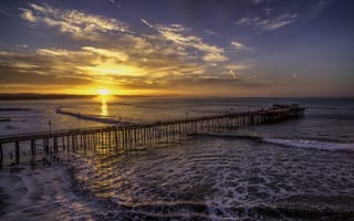 Картинка Капитолий, закат, Пирс, мост, море, волны, Калифорния, пейзаж, Санта-Крус