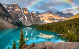 Обои Озеро Морейн, горы, Канада, Moraine Lake, национальный парк Банф, лес, Banff, деревья, радуга, пейзаж