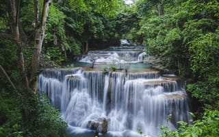 Картинка Канчанабури, каскад, Huay mae kamin waterfall, течение, скалы, Провинция Канчанабури, Таиланд, лес, HuayMaeKhaminWaterfall, Тропический лес, поток, водопад