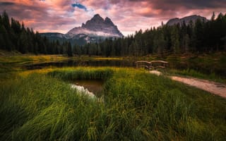 Картинка Доломитовые Альпы, природа, Италия, горы, закат, Доломиты, пейзаж, небо, облака, озеро
