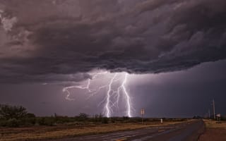 Картинка Муссонный шторм, молния, туча, пейзаж, дорога, буря, гроза, Сьерра-Виста, иллюминация, Аризона, непогода, поле