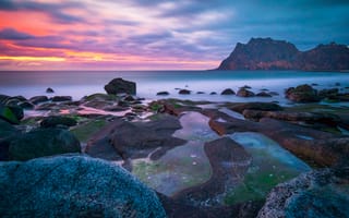 Картинка Лофотенские острова, скалы, пейзаж, закат, море, Норвегия