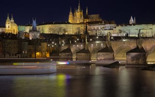 Картинка Карлов мост, ночь, иллюминация, Прага, Чехия