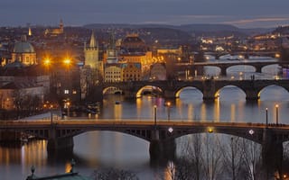 Картинка Vtalva, Bridges, иллюминация, мосты, Прага, Чехия, ночь