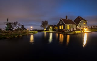 Картинка Zaanse Schans, дома, канал, Нидерланды, Зандам, пейзаж, ночь