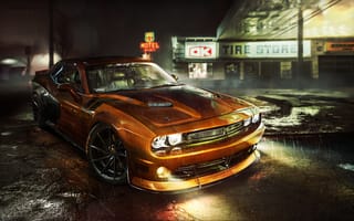 Картинка DODGE Challenger, ночь, иллюминация, свет, машина, огни, фары, автомобиль