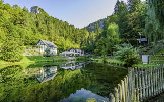 Картинка Myraf lle - Muggendorf, лес, домик, озеро, пейзаж, деревья, Нижняя Австрия