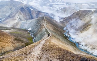 Картинка Исландия, облака, поход, ландшафты, скалы, горячий источник, природа, закат, горы, снег, kerlingarfjoll
