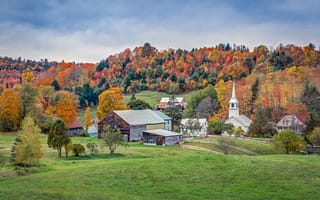 Картинка Восточный Коринф, осень, дома, Вермонт, пейзаж, деревья, лес, часовня