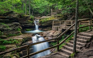 Картинка Нью-Гемпшир, деревья, пейзаж, ступени, скалы, водопад, лес