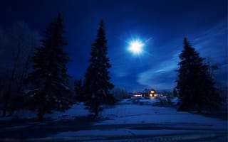 Картинка ночь, зима, луна, пейзаж, сугробы, деревья, сумерки, домик
