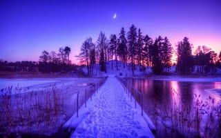 Картинка ночь, река, снег, зима, деревья, пейзаж, месяц, сумерки, мост