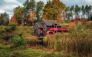 Картинка осень, речка, пейзаж, деревья, водяная мельница