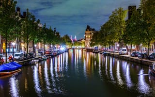 Картинка Нидерланды, канал, ночной город