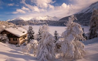 Картинка Санкт-Мориц, озеро, пейзаж, снег, Солнечный день, Швейцария, дом, горы, зима, деревья, сугробы