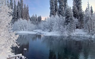 Картинка зимний пейзаж, зима, река, снег, деревья, природа