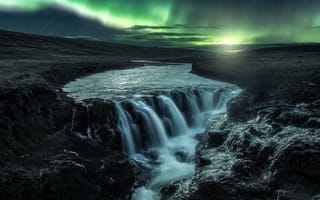 Картинка Каньон Колуглюфур, небо, свечение, пейзаж, природа, Исландия, водопад, сияние, скалы