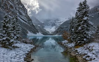 Картинка Louise, зима, деревья, озеро, природа, Banff Alberta, пейзаж, горы, Banff National Park