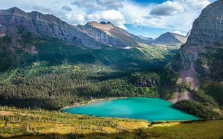 Картинка Glacier National Park, природа, небо, пейзаж, Grinnell Lake, деревья, облака, горы, озеро