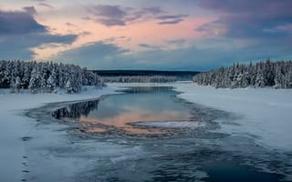 Картинка Полярная ночь, Кируна, зима, река, пейзаж, снег, деревья, закат, лёд, природа, Швеция, лес