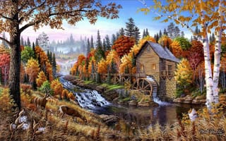 Картинка изобразительное искусство, осень, река