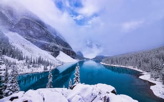 Картинка Moraine Lake, деревья, Canada, зима, Banff National Park, Alberta, пейзаж, горы
