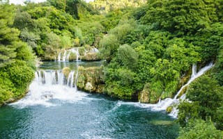 Картинка Krka Waterfalls, река, Croatia, пейзаж, деревья, водопад
