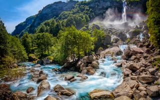 Картинка Foroglio, река, горы, пейзаж, деревья, Switzerland, камни, Ticino, Valle Maggia, водопад