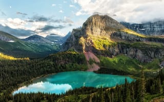 Картинка Grinnell Lake, горы, лес, Glacier National Park, деревья, озеро, пейзаж