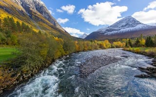 Картинка река, течение деревья, пейзаж, Western Norway, горы осень, природа