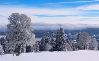 Картинка Швейцария, сугробы, снег, дымка, небо, зима, пейзаж, холмы, деревья