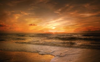 Картинка закат, волны, океан, море, берег, пейзаж, пляж