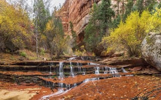 Картинка Archangel Falls, каскад деревья, водопад, пейзаж, горы, природа, Utah осень, скалы, Zion National Park