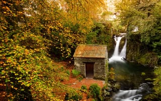 Картинка осень, Rydal Mount, пейзаж, Rydal Hall, деревья, водопад, Grotto waterfall, природа, Lake District, Cumbria, лес