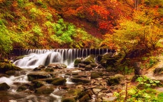 Картинка осень, река, осенние краски, осенние листья, камни, Мижирский район, пейзаж, краски осени, течение, природа, деревья, водопад